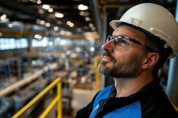 An industrial worker in a hard hat and glasses looks thoughtfully into the distance within a bustling factory, representing dedication and modern industry.