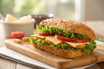Delicious fresh vegetable sandwich served on a wooden cutting board with toppings