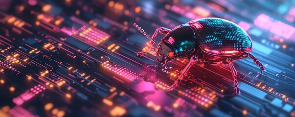 A bug on a glowing digital circuit board with flowing binary code, representing the intricacies of software debugging, vibrant colors, futuristic aesthetics