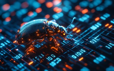 A bug perched on flowing binary digits, symbolizing software debugging and testing, glowing code streams, hightech scifi design, highly detailed