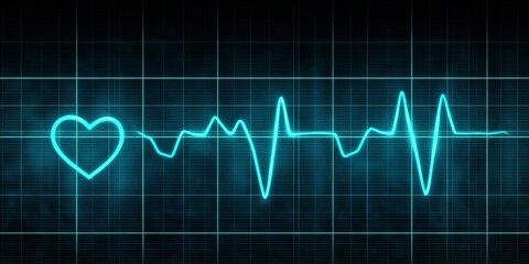 Cyan Heartbeat Line on Dark Blue Grid, Medical Background, Electrocardiogram EKG or ECG