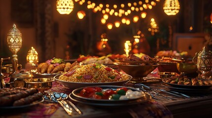 Festive Eid Table Featuring Delicious Biryani Kebabs and Sweets