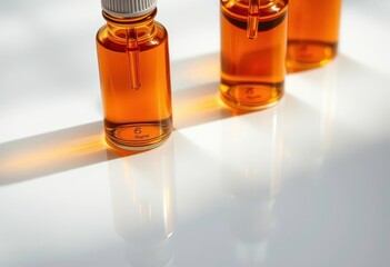 Amber glass dropper bottles, golden liquid, light reflection, polished surface, treatment,  golden hour