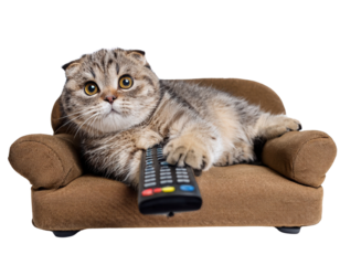 A playful cat lounging on a couch, holding a remote control, enjoying its day.