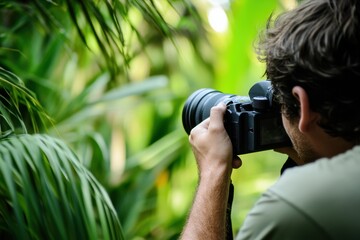 Nature Photographer Capturing Images Among Lush Green Foliage