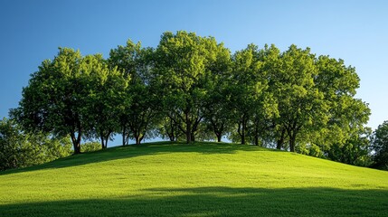Fototapeta premium A cluster of lush green trees on a grassy mound, forming a peaceful, vibrant natural scene with rich foliage and a clear blue sky above