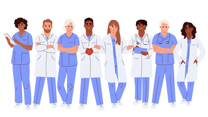 World Health Day. Set of diverse doctors characters. Male and female medical workers - doctors, physicians, paramedics, nurses isolated on white background.