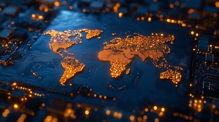 A computer processor with a world map integrated into its circuitry, signifying the global semiconductor trade, glowing PCB board, ultrafine details, cinematic shot