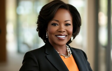 Obraz premium A happy and successful African businesswoman stands confidently in a modern corporate office, her radiant smile reflecting positivity, strength, and optimism.