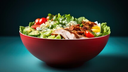 A large red bowl of salad with various ingredients