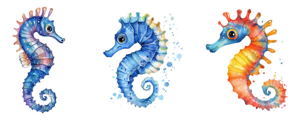 Watercolor set of seahorses. Various seahorses on a transparent background. Concept of marine and ocean inhabitants. Vector illustration. © Narin