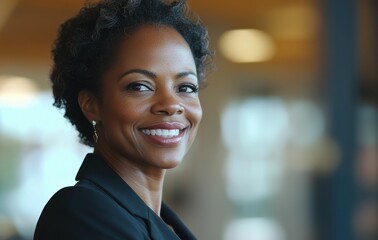 Fototapeta premium A happy and successful African businesswoman stands confidently in a modern corporate office, her radiant smile reflecting positivity, strength, and optimism.