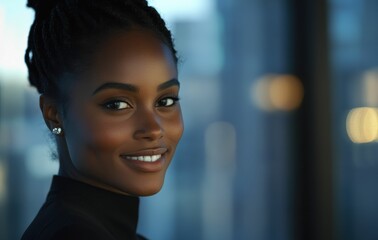 Obraz premium A happy and successful African businesswoman stands confidently in a modern corporate office, her radiant smile reflecting positivity, strength, and optimism.