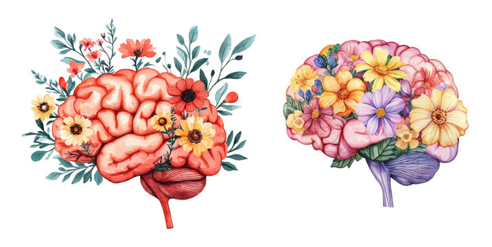Watercolor human brain decorated with flowers. Brain with flowers in cartoon watercolor style. Concept of mental and mental health. Symbols of brain function.