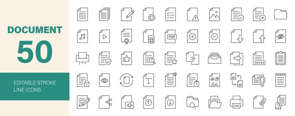 Document icon set. Files related line icons: papers, folder, certificate, accept, approved, clipboard, invoice, archive, report, search, list and more. Editable stroke. Vector illustration.
