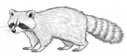 Obraz premium Line Art Illustration of Raccoon, Full-Body Profile, Isolated on White, Adult, Coloring Book