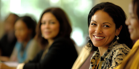 Fototapeta premium A happy and successful African businesswoman stands confidently in a modern corporate office, her radiant smile reflecting positivity, strength, and optimism.
