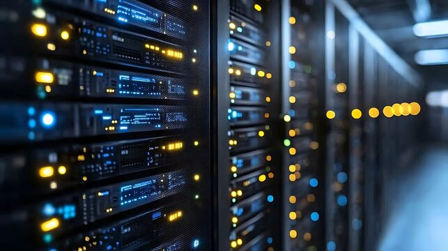 Servers in data center, close up, blue lights