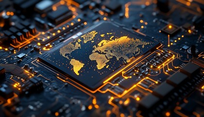 A glowing semiconductor chip with embedded world geography, symbolizing international tech trade, hightech textures, intricate circuit patterns, ultraHD rendering