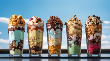 Five glasses with colorful ice cream parfaits.