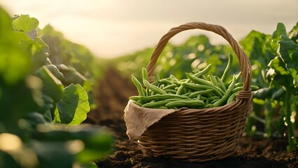 A wicker basket filled with fresh green beans in a garden, surrounded by leafy plants under a warm sunset. Concept Garden Fresh Produce, Wicker Basket Display, Sunset Glow, Green Bean Harvest