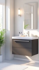 Fototapeta premium Modern bathroom vanity, sunlight, minimalist design