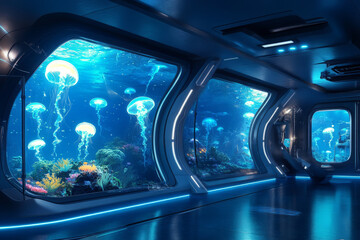 A futuristic underwater observatory 3D background room with massive glass panels revealing a deep ocean view filled with glowing jellyfish and exotic sea creatures. Soft blue lighting enhances the