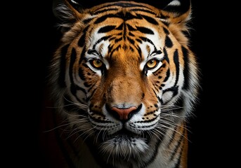 Close-up of a majestic tiger against a black background. Generative Ai