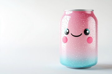 A cute, pink and blue can with a smiling face, covered in condensation droplets.