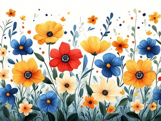 A Vibrant Summer Meadow Bursting With Joyful, Colorful Wildflowers In A Whimsical, Painted Style, Featuring Bold Hues And Delicate Details