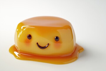Fototapeta premium A cute, smiling caramel pudding with a glossy surface and a slightly melted bottom.