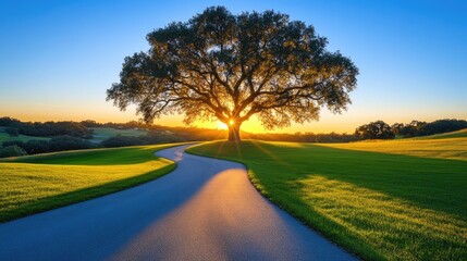 Fototapeta premium A winding asphalt road with a majestic tree in the middle, casting a long shadow at sunrise