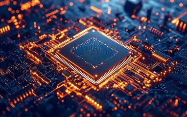 A semiconductor chip surrounded by a holographic world map, representing AIdriven semiconductor trade and global tech networking, deep cyberpunk hues, ultrasharp focus