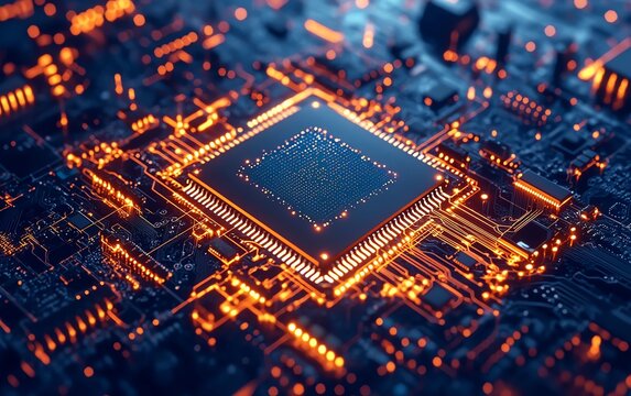 A semiconductor chip surrounded by a holographic world map, representing AIdriven semiconductor trade and global tech networking, deep cyberpunk hues, ultrasharp focus