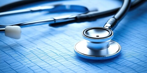 Close-up of a stethoscope lying on a blue medical surface, symbolizing healthcare, diagnosis, and medical profession