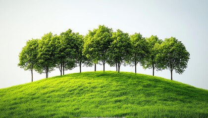 Obraz premium A serene, vibrant natural scene with lush green trees clustered closely on a grassy mound, creating a harmonious atmosphere surrounded by fresh greenery