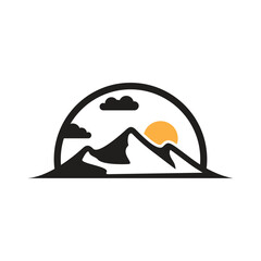 mountains and sun in a circle of clouds logo vector
