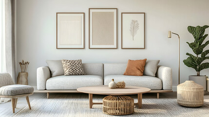 Three framed minimalist botanical prints with delicate line drawings above a light gray sofa with orange pillows.
