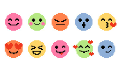 Set of pixelated emoticons stickers. Pixel art emojis with laugh, love, happy, fun, kiss, angry, melting, groovy faces. Message chat expression smiles. 8-bit retro style.