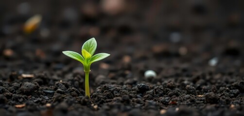 A tiny green sprout pushes through dark soil, first leaves unfurling, spring, germination