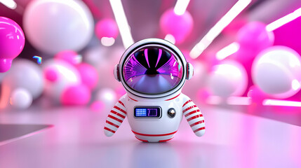 Cute Astronaut in Futuristic Pink Spaceship Interior