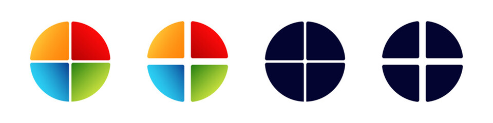 Circular symbols divided into four parts with two variations of bright and dark color schemes.