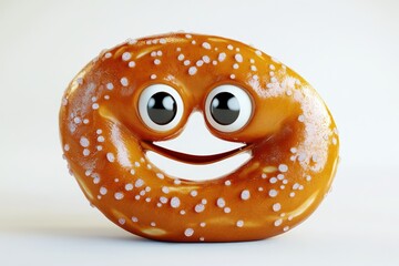 A happy, cartoonish pretzel with big eyes and a smiling mouth, sprinkled with salt.