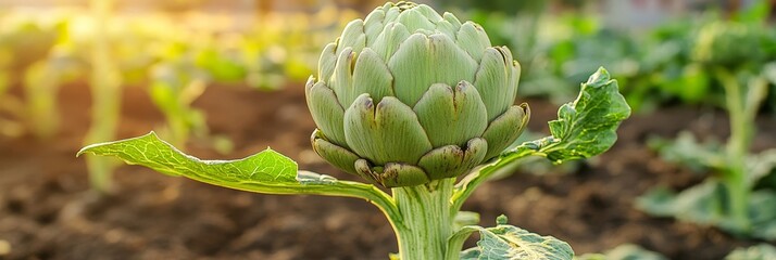 Green artichoke growing on the field of a farm, bathed in the warm glow of the afternoon sun.