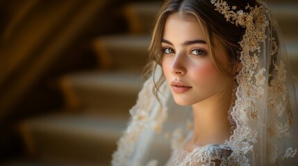 Fototapeta premium A bride stands gracefully on a staircase, her enchanting veil lightly framing her face. The soft light enhances her features, creating a serene atmosphere that highlights her elegance.
