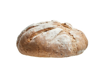 Freshly baked artisan bread loaf with a golden-brown crust, deep scoring, and a dusting of flour. Traditional, rustic texture, isolated on a white background