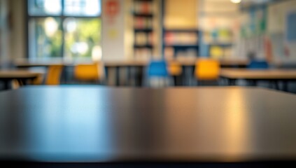 Close-up of a black tabletop in the foreground, with a blurry background of school desks and chairs