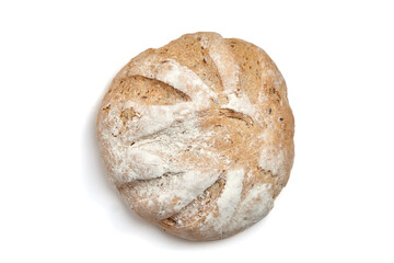 Freshly baked round artisan bread loaf with a golden-brown crust, deep scoring, and a light flour dusting. Traditional handcrafted texture, top view, isolated on white