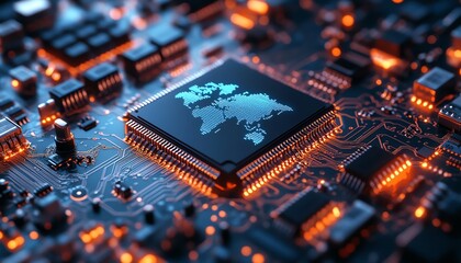Obraz premium Closeup of a microprocessor with a holographic world map hovering above, representing the global semiconductor industry, ultrarealistic, cyberpunk tones, intricate circuitry