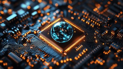 Closeup of a microchip with a pulsating digital Earth embedded within, symbolizing global semiconductor networks, deep blue tones, hightech realism, ultraHD